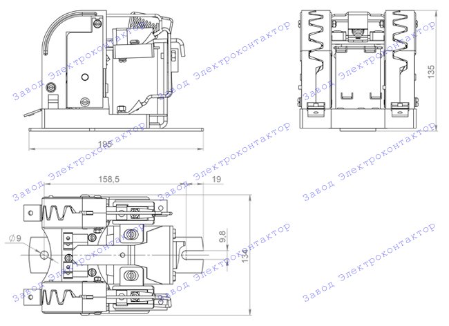 Внешний вид, габаритные и установочные размеры контакторов КПД